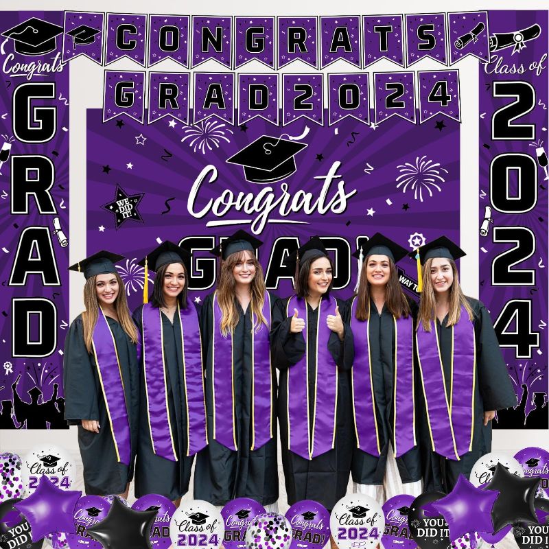 Photo 1 of 
Graduation Party Decorations Purple Class of 2024 Graduation Party Supplies Include Grad Backdrop, Banner, Porch Sign, Balloons, Foil Number 2024 for..