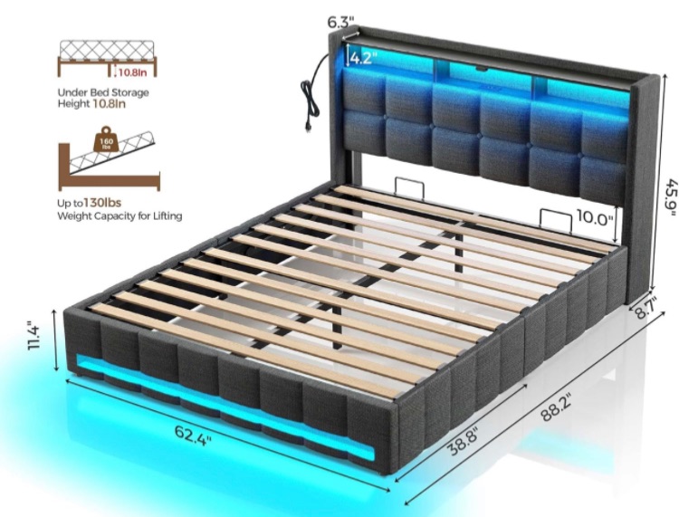 Photo 1 of ***item is similar to image shown, partiel set, missing boxes***Rolanstar Bed Frame Queen Size with Lift Up Storage, Charging Station & LED Lights, Upholstered Storage Headboard, Heavy Duty Wooden Slats, No Box Spring Needed, Noise Free, Easy Assembly bie