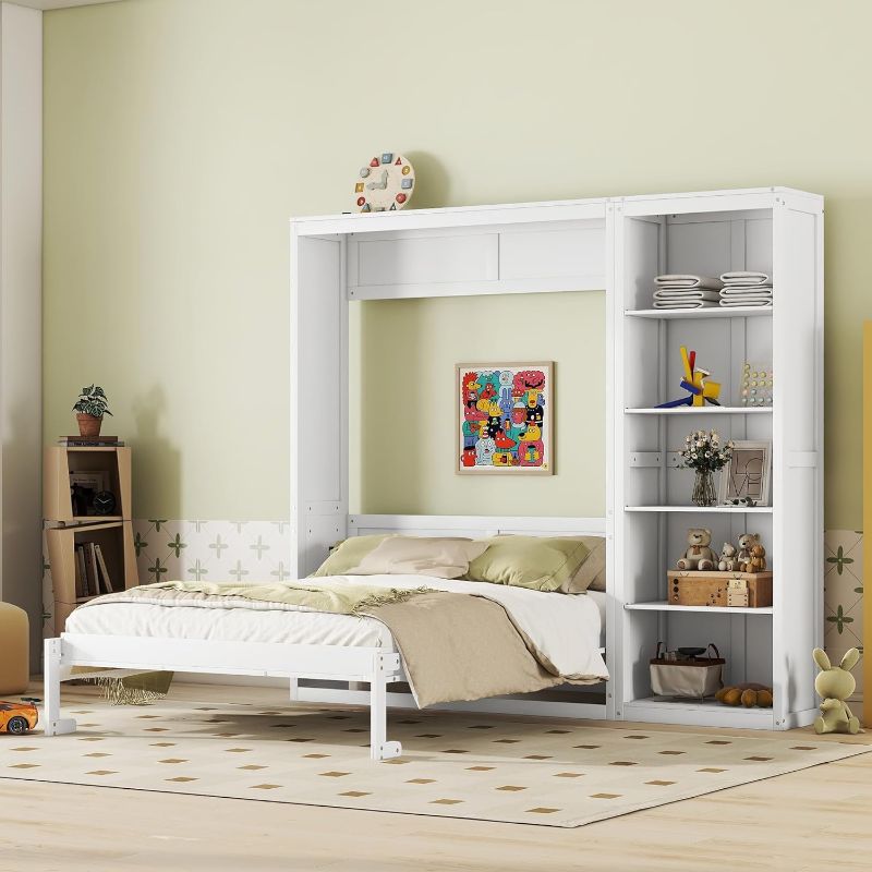 Photo 1 of ***partial set,missing 2 of 3 boxes***Merax Murphy Wall Bed Queen Size with Adjustable Storage Shelves, Multifunctional Foldable Platform Bedframe for Guest-Room, Home, Office, Space-Saving Design, No Box Spring Needed, White