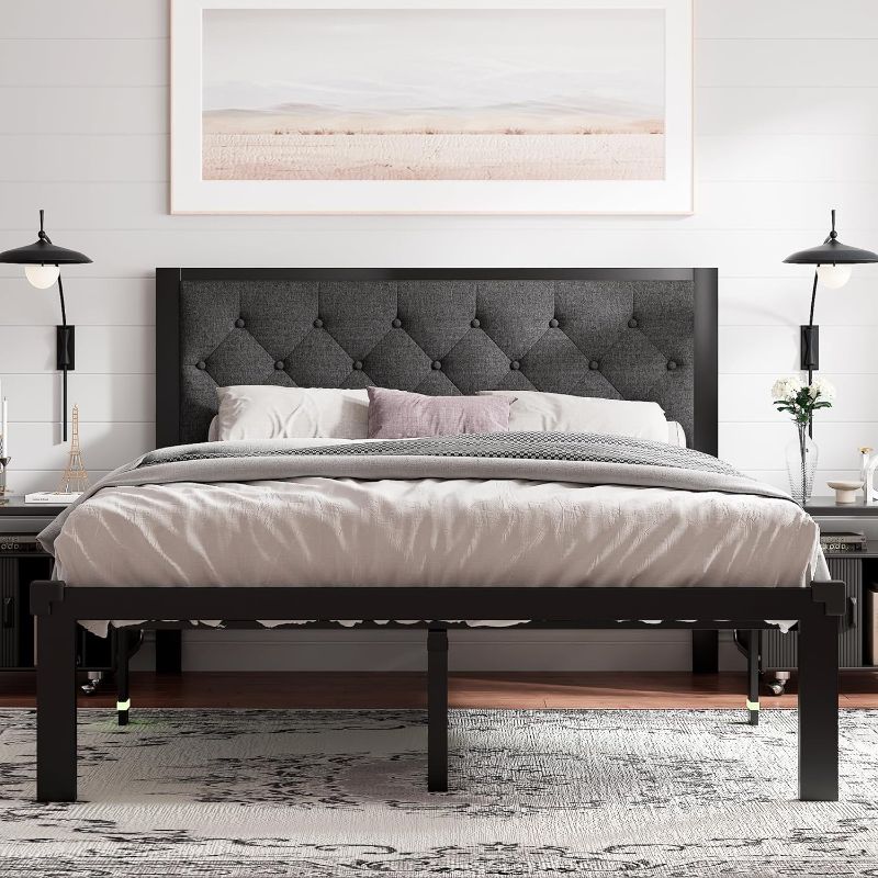 Photo 1 of ***image shown is a similar style***Feonase Queen Size Metal Bed Frame, Heavy-Duty Platform Bed Frame with Linen Upholstered Headboard, 12" Under-Bed Space, Steel Slats Support, No Box Spring Needed, Gray