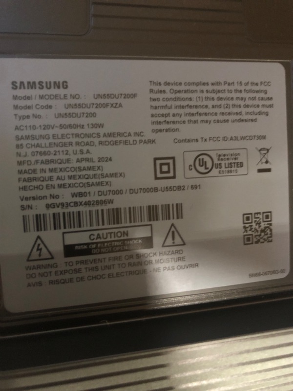 Photo 3 of ***SELLING AS PARTS - FINALE SALE - NO RETURNS****
SAMSUNG 55-Inch Class Crystal UHD 4K DU7200 Series HDR Smart TV w/Object Tracking Sound Lite, PurColor, Motion Xcelerator, Mega Contrast, Q-Symphony (UN55DU7200, 2024 Model) 55-Inch TV Only