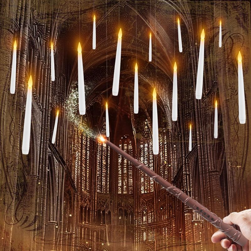 Photo 1 of 12 count Floating Candles with Wand, Hanging Candles with Timer, Magic Deco Candles Flickering Warm Light, Flameless Taper Candles with Wand Remote, LED Candlesticks for Birthday Halloween Party Decor - 3pk