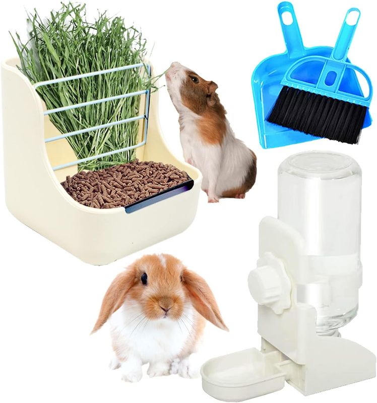 Photo 1 of ***-STOCK PHOTO SIMILAR ITEM***HERCOCCI Rabbit Hay Food Bin Feeder and Bunny Water Bottle Set, Hay Food Feeder Bowls Manger Rack with 500ml Hanging Water Dispenser Prevent Knock Over for Rabbit Guinea Pig Chinchilla (LARGE, WHITE)