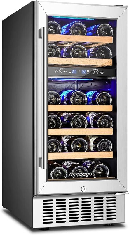 Photo 1 of AAOBOSI ?Upgraded 15 Inch Wine Cooler, 28 Bottle Dual Zone Wine Refrigerator with Stainless Steel Tempered Glass Door,Memory Function, Fit Champagne Bottles, Wine Fridge Freestanding and Built-in
