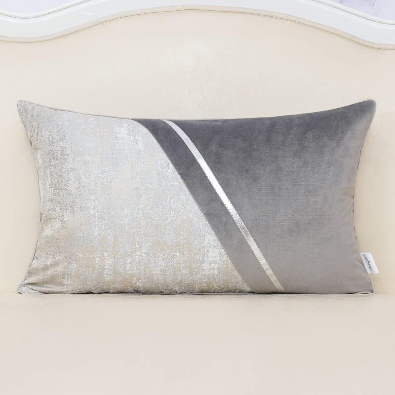 Photo 1 of Alerfa 12 x 20 Inch Gray Silver Leather Patchwork Velvet & Polyester Cushion Case Luxury Modern Lumbar Throw Pillow Cover Decorative Pillow for Couch Sofa Living Room Bedroom Car 30 x 50cm