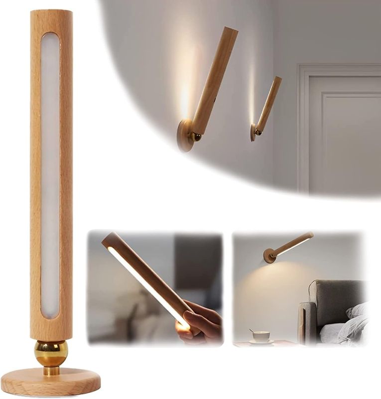 Photo 1 of 360° rotatable Wooden LED Wall lamp-Magnetic Detachable and stepless dimming Rechargeable Wall lamp, USB Night lamp is for Bedroom Living Room
