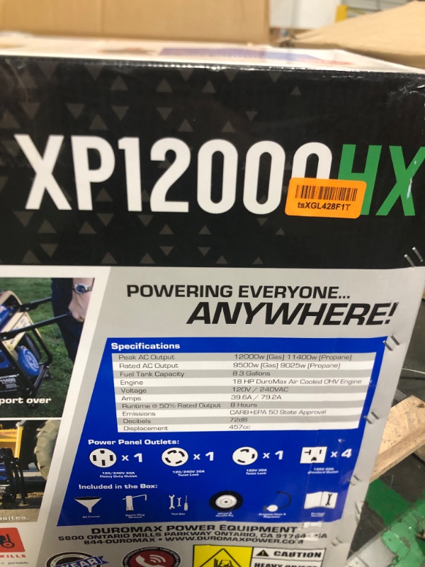 Photo 5 of ***ITEM IS BRAND  NEW,OPENED BOX FOR VERIFICATION ***
DURO MAX XP12000HX /9500-Watt Dual Fuel Electric Start Gasoline/Propane Portable Home Power Back Up Generator with CO Alert Shutdown