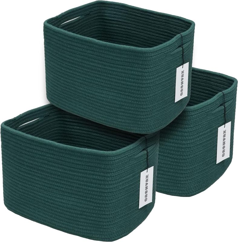 Photo 1 of ***SIMILAR ITEM** Cotton Rope storage Basket Bins Woven Basket for Organizing Shelves Rectangle Decorative Baskets For storage Clothes Toys Books Towels Square Wicker Nursery basket organizer3pack Dark green