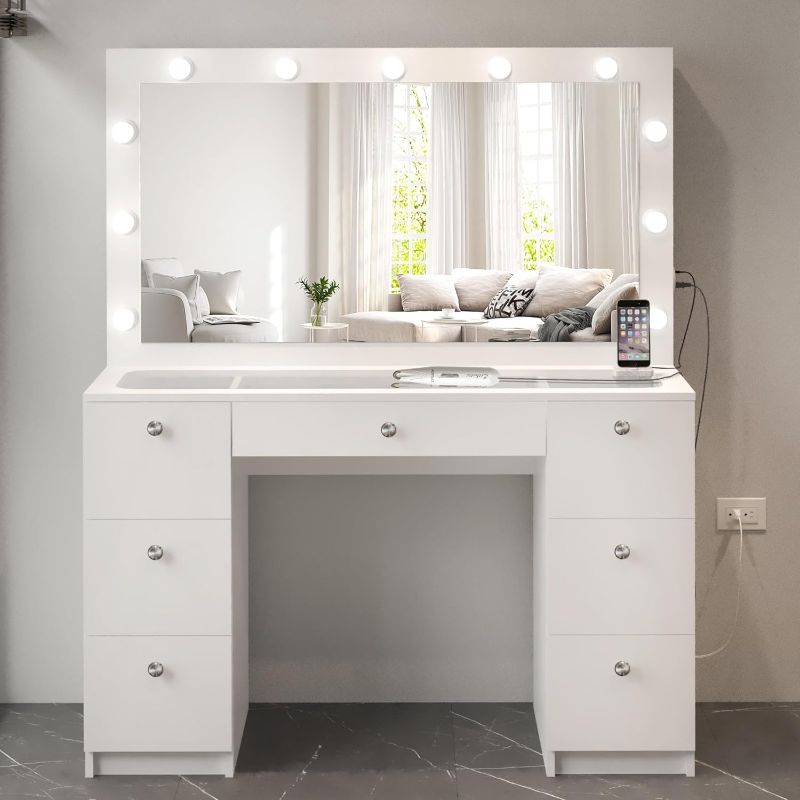 Photo 1 of ***similar, or same*** Boahaus Orla Mini White Vanity Makeup Desk with Mirror and Built-in Lights, Glass Top, Basic Knobs, USB Port, Power Outlet, Wide Makeup Mirror for bedroom