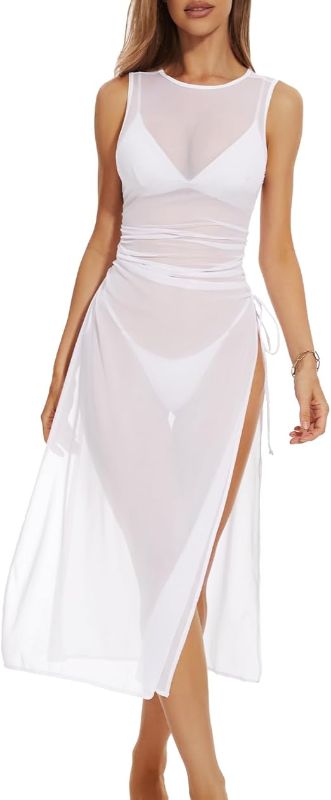Photo 1 of Avanova Women Mesh Cover Up Dress Sheer See Through Sleeveless Bikini Swimsuits White B Medium