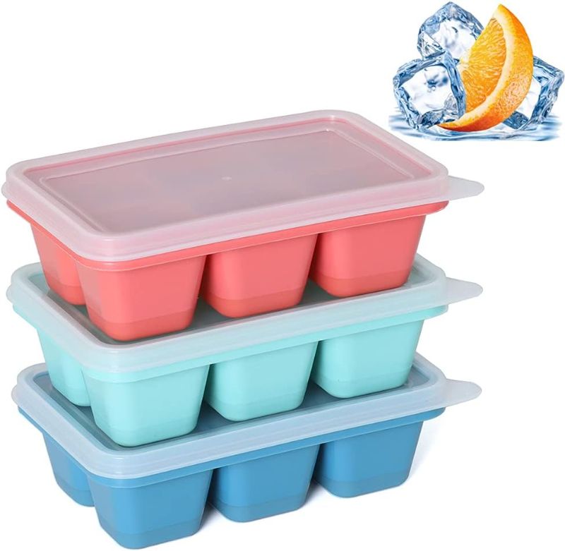 Photo 1 of  Ice Cube Trays for Freezer 6 Pack - Mini Ice Cube Trays with Lid & Easy-Release Silicone Bottom, Stackable Small Ice Cube Molds, MINT GREEN, PURPLE, AND GREEN