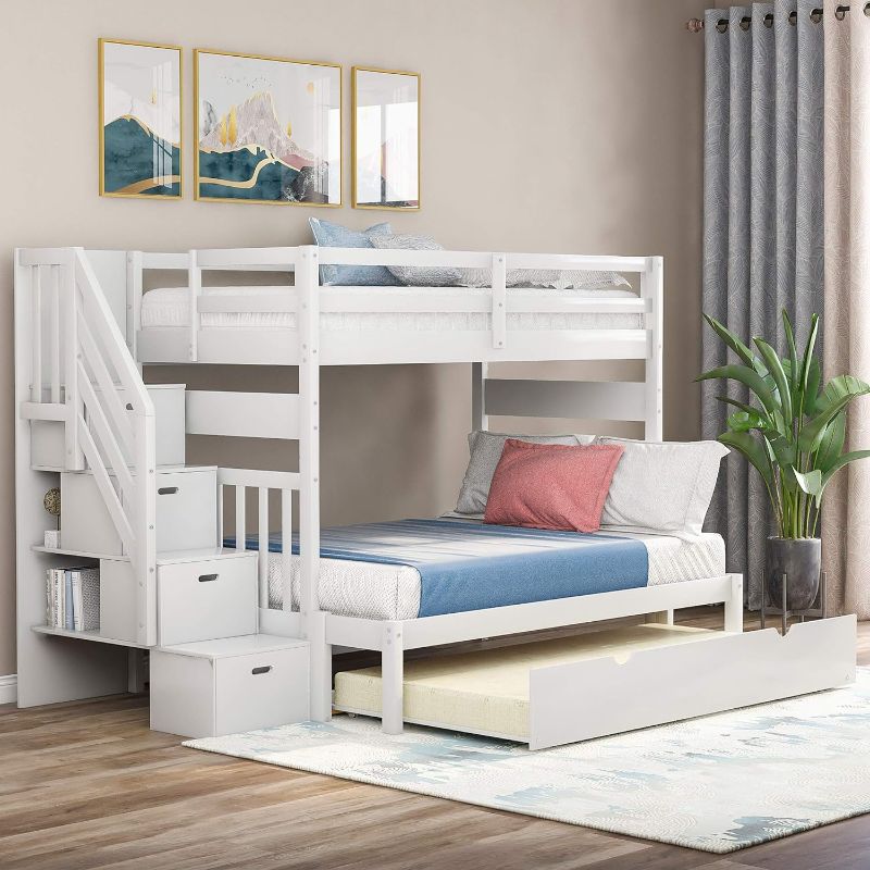 Photo 1 of ***Stock photo is a similar item, not exact***Stairway Twin Over Twin/Full Bunk Bed with Twin Size Trundle and Drawers, Solid Wood Bunk Bed Staircase (White)