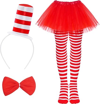 Photo 1 of 4 Pieces Cat Costume Set Red & White Striped Hat headband Tutu Skirts Bow tie Striped Tight for Read Across America