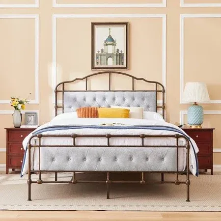 Photo 1 of ***Stock photo is a similar item, actual item pictured in the last photo*** Metal Platform Bed Frame with Upholstered Headboard and Foot, Grey