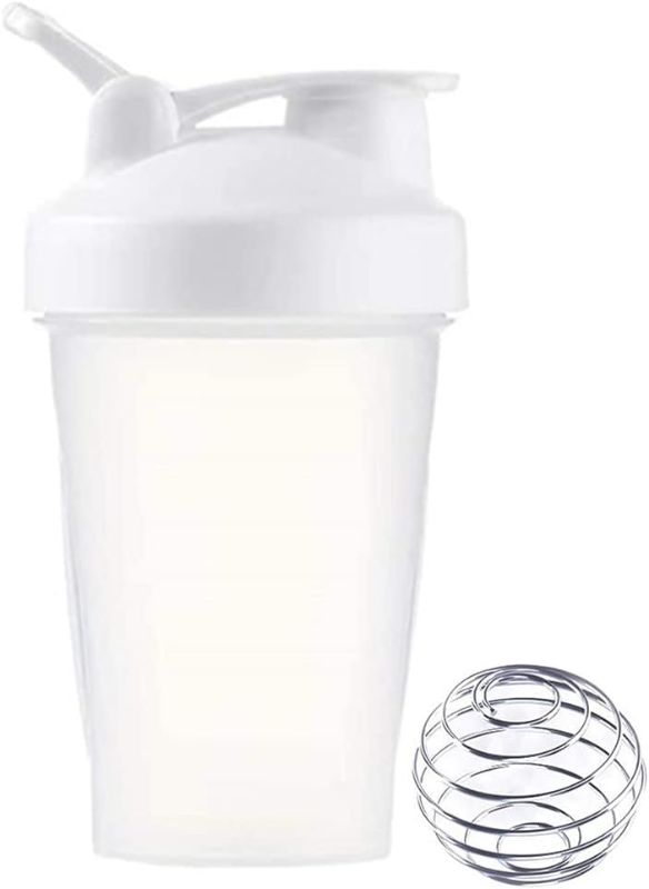 Photo 1 of (2 Pack) Blender Shaker Bottle w. Classic Loop Top & Stainless Whisk Ball-Perfect for Protein Shakes and Pre Workout (White Body-13 Oz, White/Clear)
