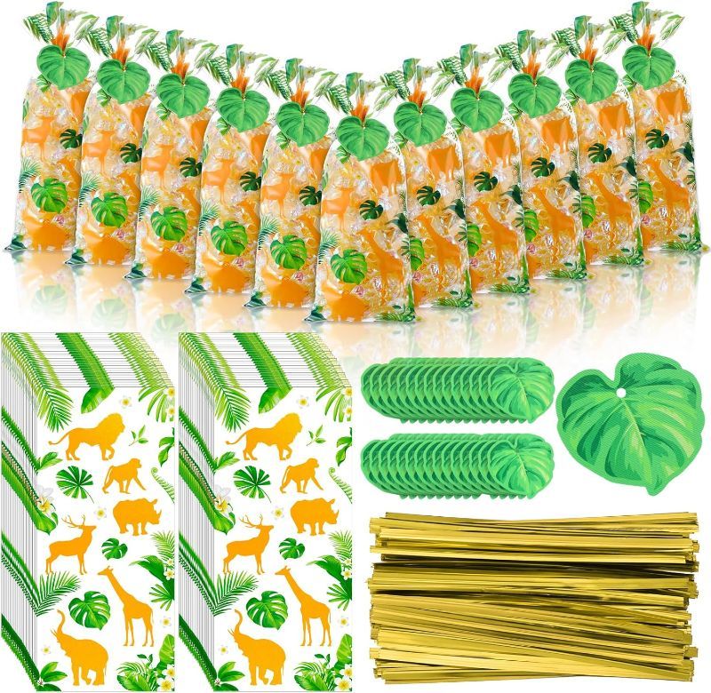 Photo 1 of **PACK OF 2** Gueevin 150 Set Safari Jungle Animal Cellophane Treat Bags Goodie Candy Bag Bulk Cookie Bags Cello Bags with Twist Ties Gift Cards Party Favors Bags for Party Supplies
