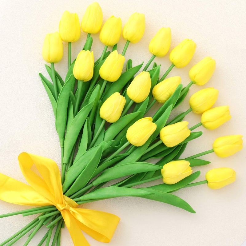 Photo 1 of 20Pcs Artificial Tulips Fake Tulip Real Touch Latex Flowers for Wedding Party Home Office Decor (Yellow - 20p)
