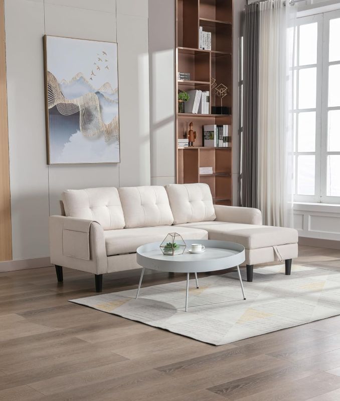 Photo 1 of 90" Convertible Sectional Sofa, L-Shape Sleeper Sofa Couch with Pull Out Bed, Storage Chaise, Storage Racks and USB Ports for Apartment, Living Room, Beige