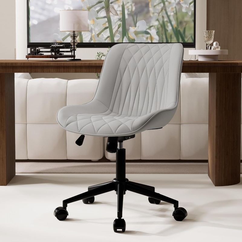 Photo 1 of ****FOR PARTS ONLY, NO RETURNS, MISSING HARDWARE***YOUNIKE Grey Ergonomic Home Office Desk Chair No Arms Comfy Small Criss Cross Chair with Wheels Swivel Adjustable Modern Vanity Chair with Back Armless Cute Leather Upholstered Rolling Task Chair
