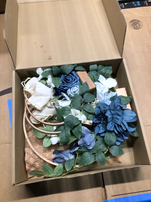 Photo 3 of ***USED***SET OF 2 *** Ling's Moment Crystal Wooden Hoop Wreath Floral Centerpieces for Sweetheart Table, Head Table, Ceremony Reception Artificial Flowers Decorations, Assemble Required - Dusty Blue &Navy