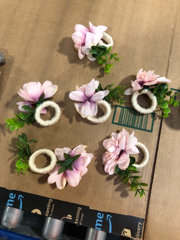 Photo 2 of ***1 BROKEN RING*** SEE PICTURES   Flower Napkin Rings Set of 6 Orange Artificial Napkin Rings Floral Napkin Holder Rings Burlap Cord Napkin Buckle Handmade Napkin Loop Bionic Twine Dinner Wedding Table Decor (PINK PEONY AND LEAVES)