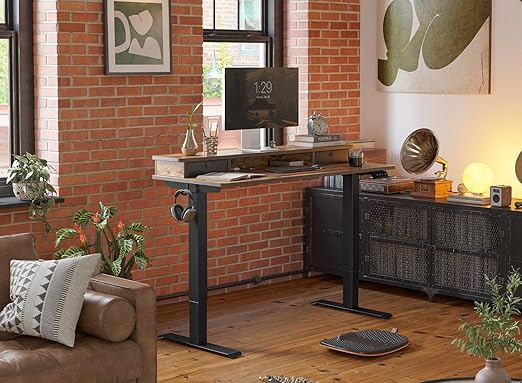 Photo 1 of Adjustable Electric Standing Desk with Double Drawer, Stand Up Desk with Storage Shelf, Sit Stand Desk, Rustic Brown