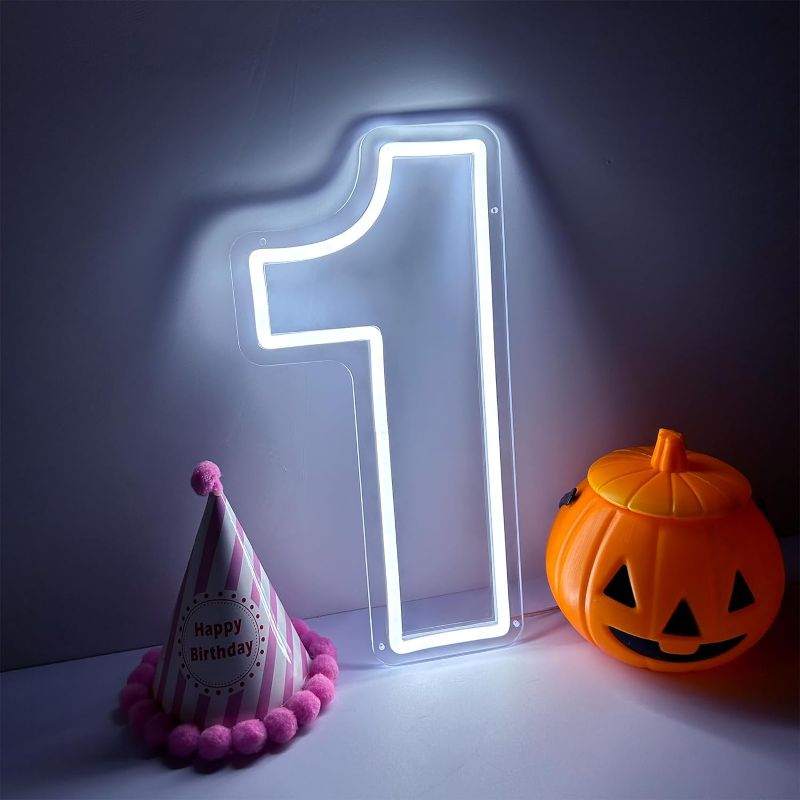 Photo 1 of ****USED*** MISSING PLUG**One Neon Sign for First Birthday, Handmade White One Year Old Baby Led Neon Light Sign for Party, Light up Number One Neon Sign for Wall Decor, Wedding Man Cave Home Bedroom Birthday Gift - 15.7''