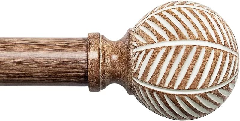 Photo 1 of ***USED*** Wood Curtain Rods for Windows: 1 Inch Diameter Adjustable Drapery Rods 72" to 144", Decorative Window Curtain Rods with Imitation Wood Grain Leaf Pattern Finials,Heavy Duty Single Curtain Rods