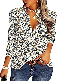 Photo 1 of AISEW Womens Casual Button Down Shirts V Neck Chiffon Long/Short Sleeve Collared Office Work Blouses Tops with Pocket size M