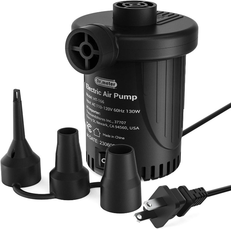 Photo 1 of 
Dr.meter Air Pump for Inflatables: AC 110V Portable Air Mattress Pump Inflator Deflator with 3 Nozzles - 130W Quick-Fill Electric Air Pump for Pool Raft Bed...