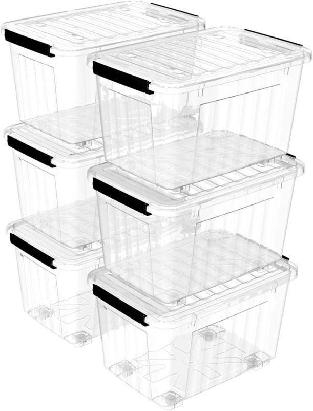 Photo 1 of 2 Bins Only**85Qt* Plastic Storage Bins, Clear Lidded Storage Box with Wheels, Stackable, 85Quart, Set of 6
