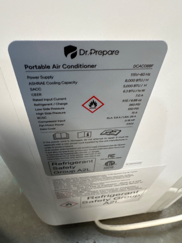 Photo 5 of ***Parts Only***DR.PREPARE 8,000 BTU Portable Air Conditioner