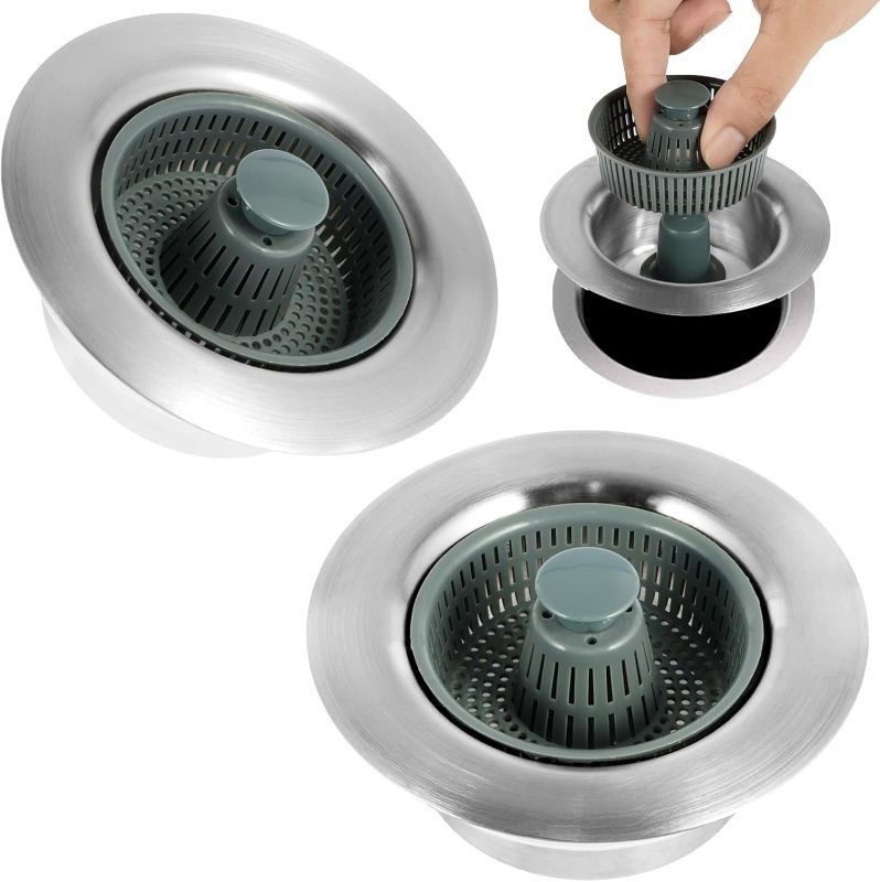 Photo 1 of 2Pcs 3 -in-1 Sink Strainer Stoppers, Stainless Steel Sink Aid, Kitchen Sink Drain Strainer, Kitchen Sink Odor Filter, Popup Sink Stopper Strainer, Sink Seal Bounce Filter for Kitchen Sink Food Catcher