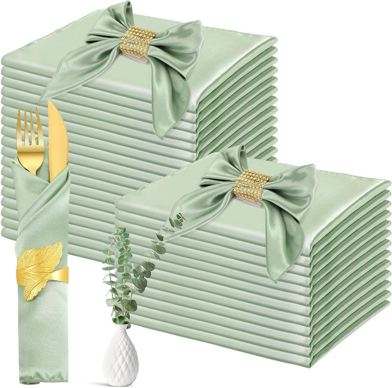 Photo 1 of 100 Pack Sage Cloth Napkins 17 x 17 Inch Sage Satin Napkins Sage Napkins Cloth Green Table Napkins for Dinner Home Wedding Birthday Party, Machine Washable Reusable Square Satin Napkin
