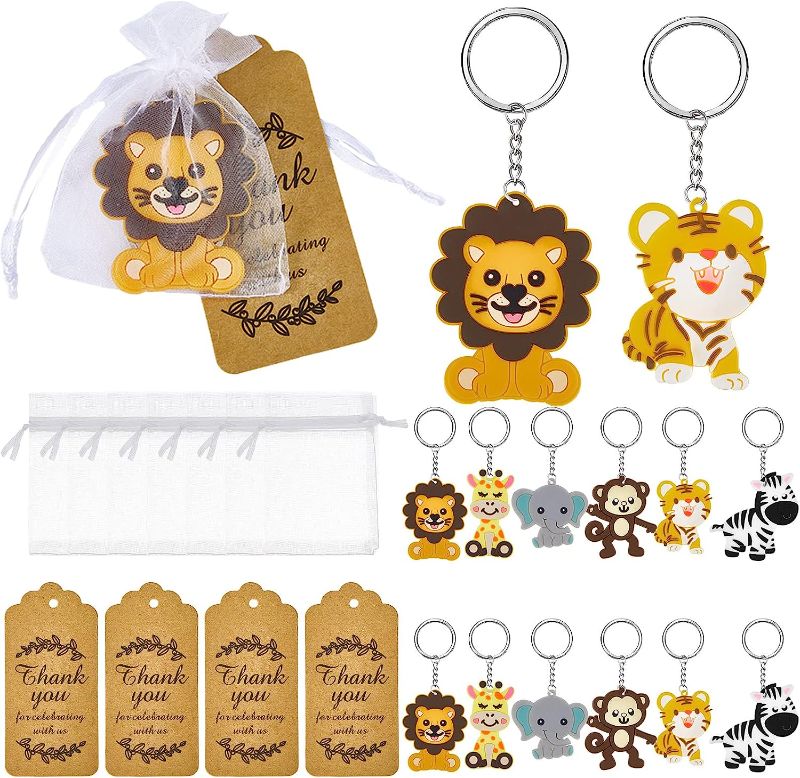 Photo 1 of 90 Pcs Cute Jungle Animal Keychains 30 Sets Zoo Animals Party Favors Safari Animal Keychains with Thank You Kraft Tags and White Organza Bags for Baby Shower Birthday Party Decorations