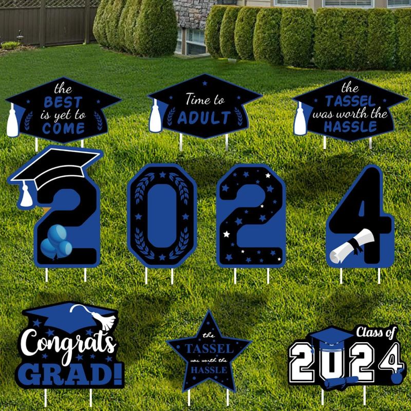 Photo 1 of 10 Pcs Graduation Yard Signs Blue Graduation Class of 2024 Yard Sign, Congratulations Graduation Decorations Congrats Grad Signs for School College 2024 Graduation Decorations Party Supplies (Blue)
