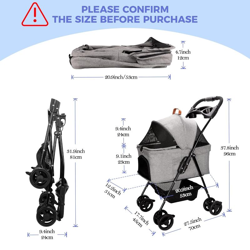 Photo 3 of (READ FULL POST) Dog Stroller Foldable Detachable Cat Stroller Dog Strollers for Small Dogs 4 Wheels Rotate 360 Degrees with Brakes, with Storage Basket and Cup Holder, Suitable for Small and Medium-Sized Cats, Dogs
