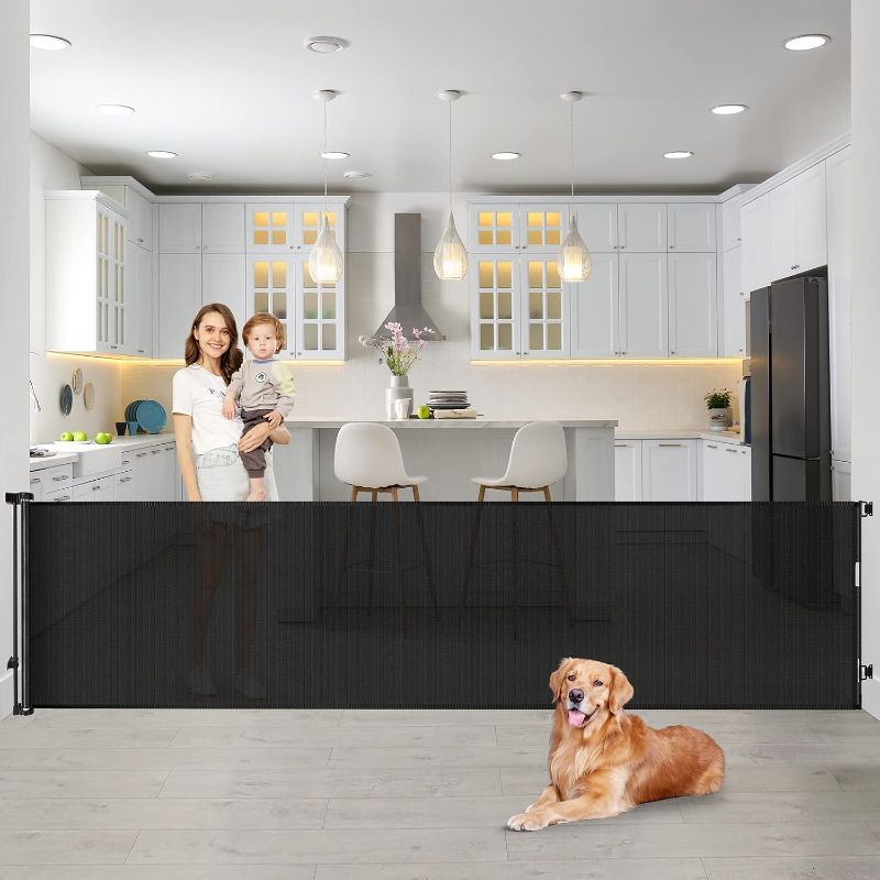 Photo 1 of 90 Inch Retractable Baby Gates Extra Wide Dog Gates for Dogs Indoor Outdoor Extra Long Baby Gates for Large Openings Large Baby Gate Mesh Dog Gates for The House Extra Wide Baby Gate Deck Gate, black 90" Wide