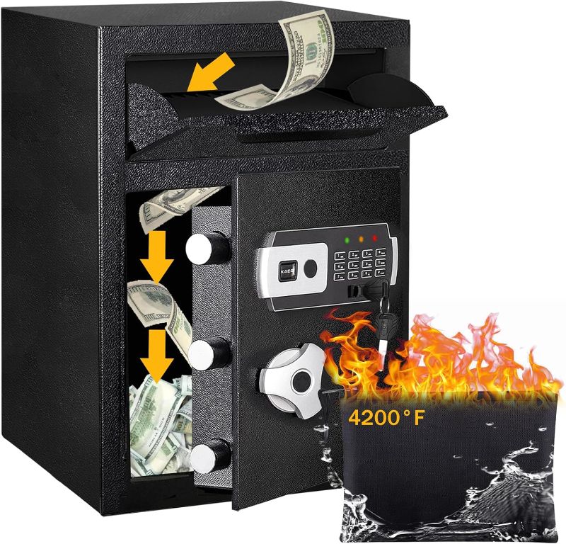 Photo 1 of 2.6 CUB Depository Drop Safe Fireproof, Front Drop Slot Lock Box with Digital Combination and Anti-Fishing, Silent Deposit Safe Box, Security Money Safe for Cash Slips Expense Business Office Home
