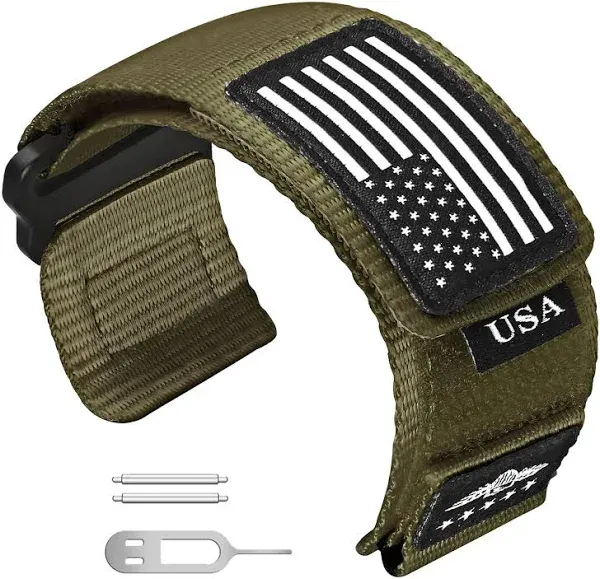 Photo 1 of Abanen Rugged Tactical Nylon Watch Band for Garmin Fenix 7X / Instinct 2X / Fenix 6X / epix Pro 51mm, Quick Fit 26mm Wide Sport Loop Strap with Silicone Stars-Stripes Flag (Moss Green)