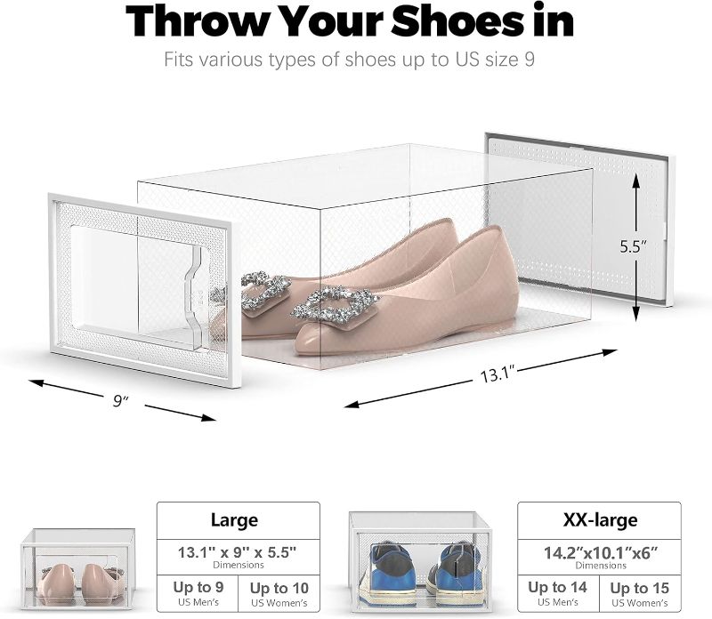 Photo 4 of ***USED - LIKELY MISSING PARTS - UNABLE TO VERIFY FUNCTIONALITY***
12 Pack Shoe Organizer Storage Bins Clear Plastic Stackable Shoe Boxes for Closet, Space Saving Foldable Shoe Storage Case, Sneaker Storage Shoe Box Container