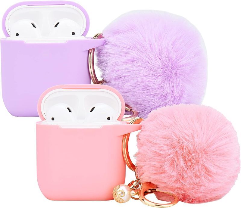 Photo 1 of Alaskan Blue Case for Women Cute Case Designed for AirPods Cover with Pom pom, Silicone Protective Keychain Case Compatible with AirPods 1 PACK, Accessories Keychain and Pom pom------PURPLE-----