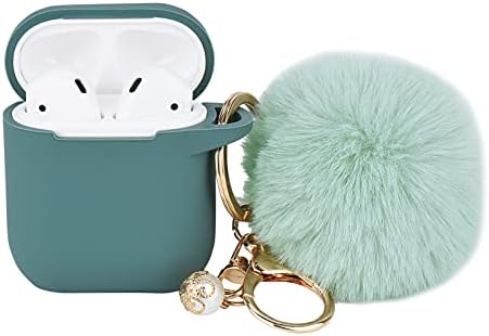 Photo 1 of Alaskan Blue Case for Women Cute Case Designed for AirPods Cover with Pom pom, Silicone Protective Keychain Case Compatible with AirPods 1 PACK, Accessories Keychain and Pom pom------GREEN-----