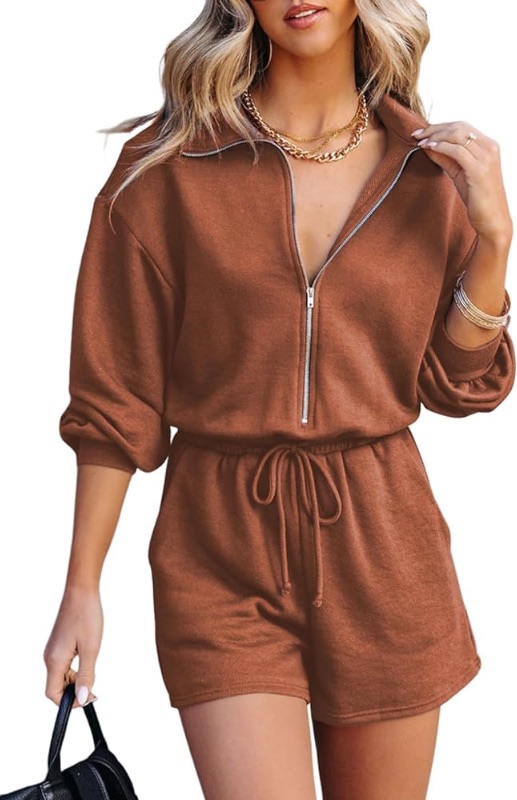 Photo 1 of BLENCOT Women's Half Zip V Neck Sweatshirt Short Rompers One Piece Outfit Casual Drawstring Waist Jumpsuits with Pockets Clay Red L