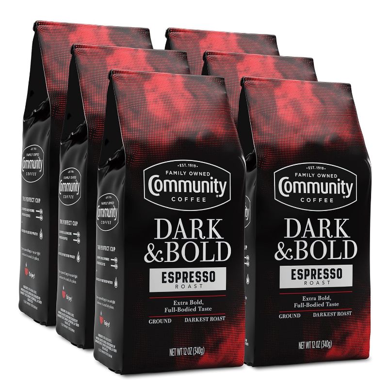 Photo 1 of *BB 10/04/24* Community Coffee Dark & Bold Espresso Roast 72 Ounces, Extra Dark Roast Ground Coffee, 12 Ounce Bag (Pack of 6)
