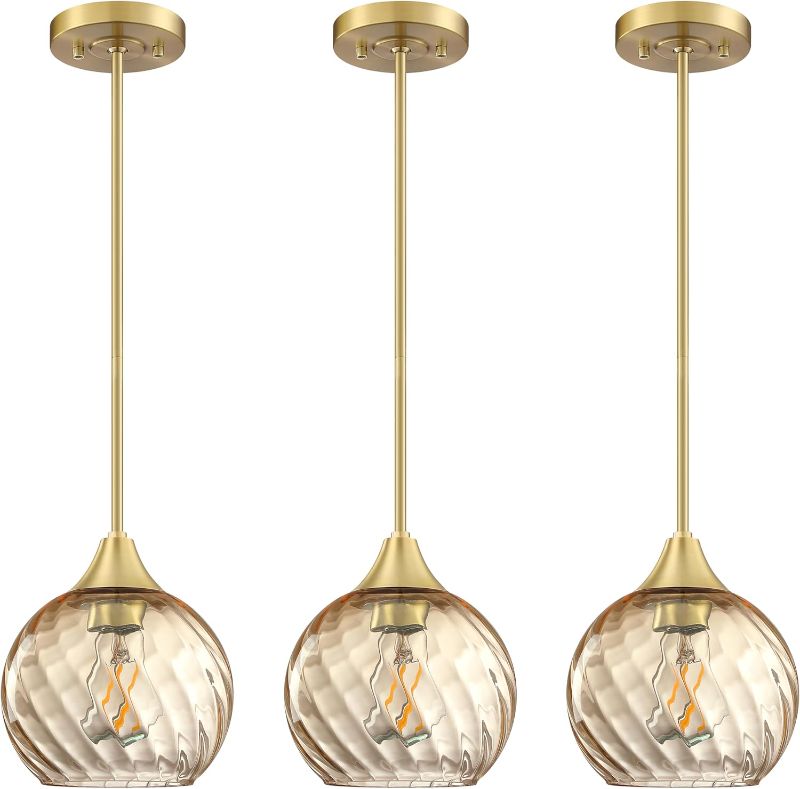 Photo 1 of 3 Pack 1 Light Hanging Indoor Kitchen Island Pendant Light 6.3" Clear Stripe Green Glass Pendant Ceiling Light Fixtures Brushed Nickel Finish,Modern Farmhouse Dinning Over Sink