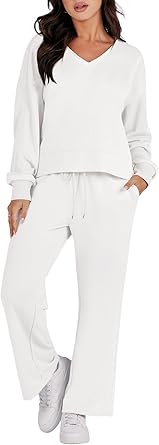 Photo 1 of ANRABESS Women's Two Piece Outfits Matching Sets Long Sleeve Crop Pullover Top and Wide Leg Pants Tracksuit Lounge Set XL