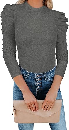 Photo 1 of Adreamly Women's Sexy Mock Neck Long Puff Sleeve Bodysuit Tops