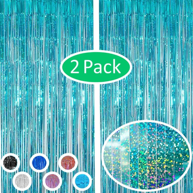 Photo 1 of 
Iridescent Teal Blue Foil Fringe Backdrop Curtains 2024 Graduation Party Decoration - 2 Pack Tinsel Party Door Wall Curtain for Birthday Bachelorette Party...