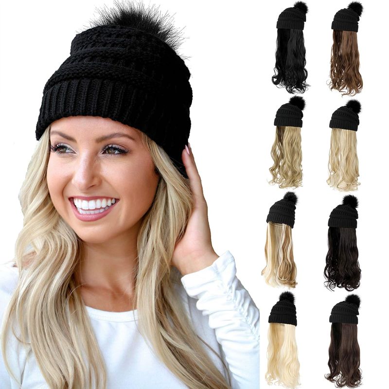 Photo 1 of 
Qlenkay Beanie Hat with Long Wavy Curly Hair Extensions Knit Black Cap Attached 20inch Synthetic Wig Detachable Hairpiece Warm Pom for Women Winter Ash